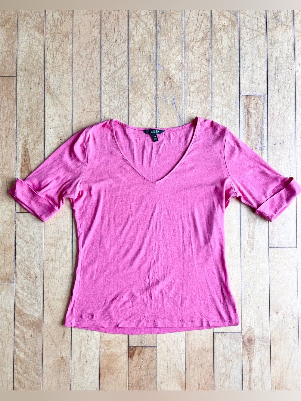 Lauren Ralph Lauren 100% Cotton Pink V-Neck Roll Sleeve Casual Top Size Large
